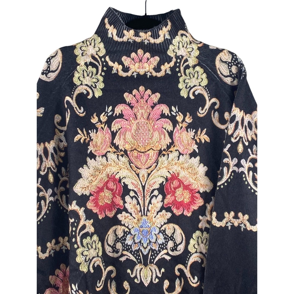 Women Tapestry Floral Mock Neck Sweater 2XL Black Knit Pullover Whimsigoth - Picture 2 of 9